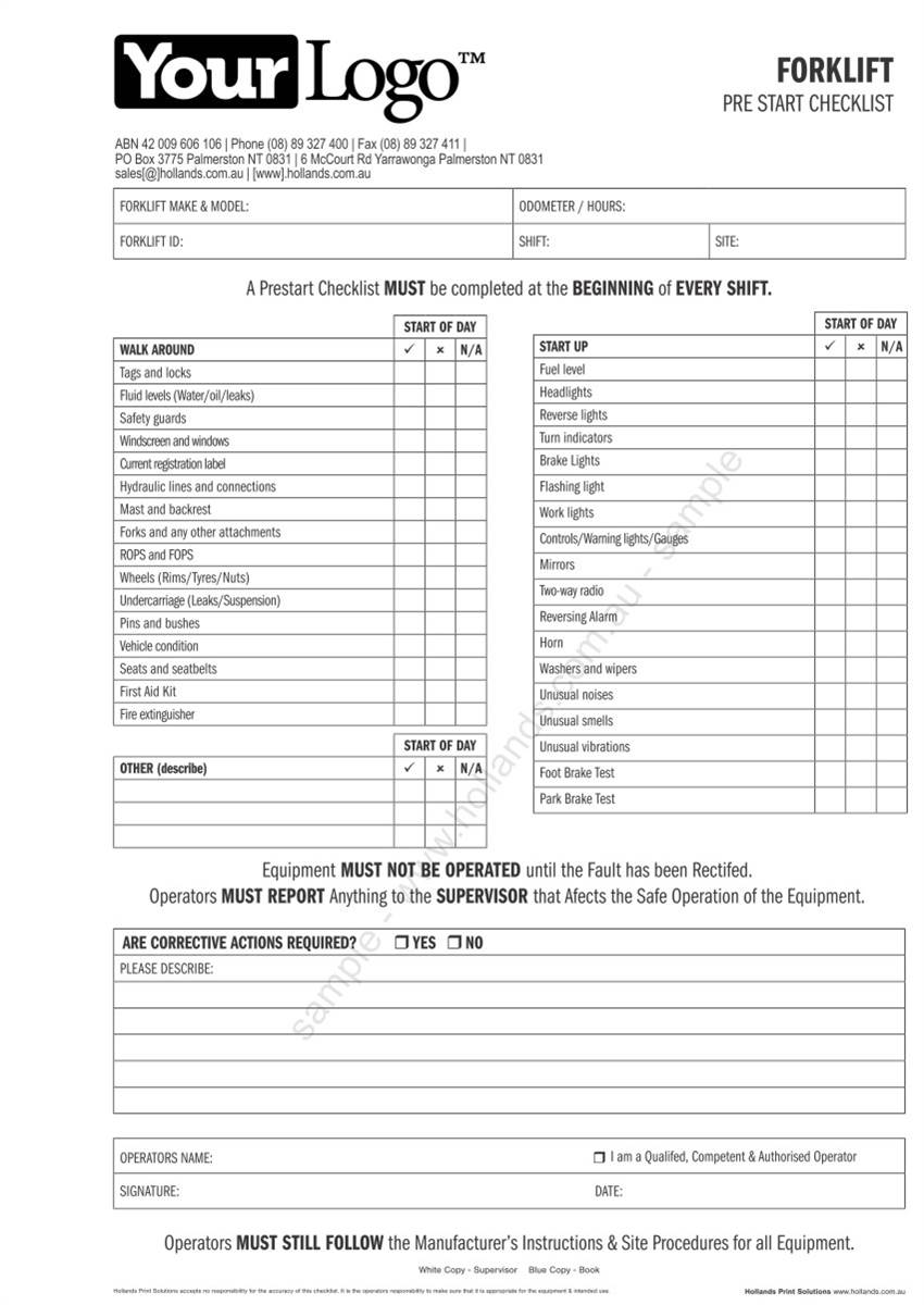 Forklift Pre Start Checklist Books