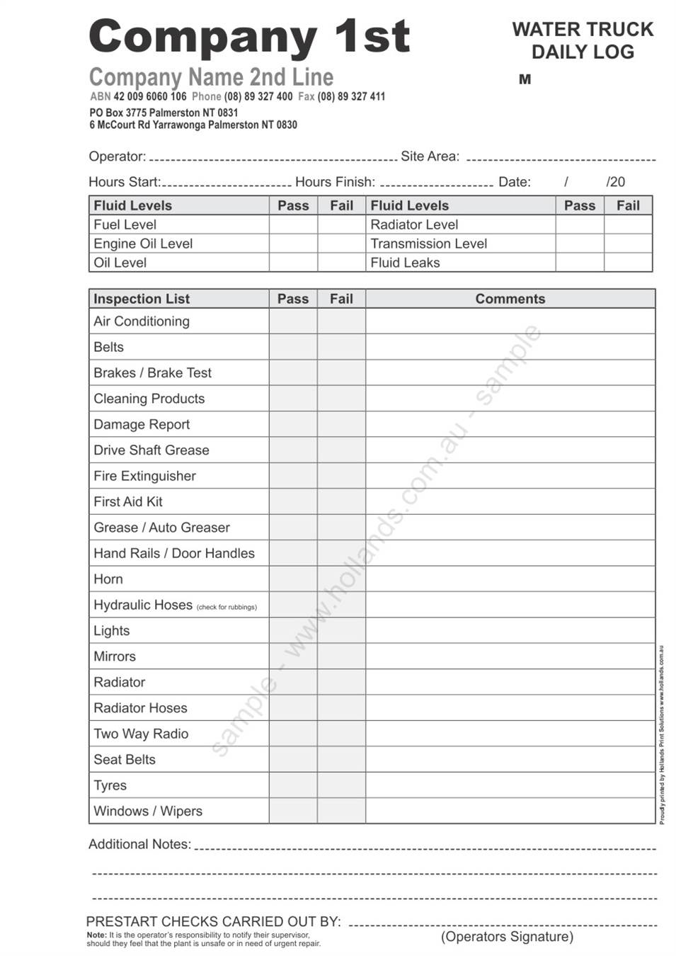 water truck pre start checklist: Water Truck Daily Log