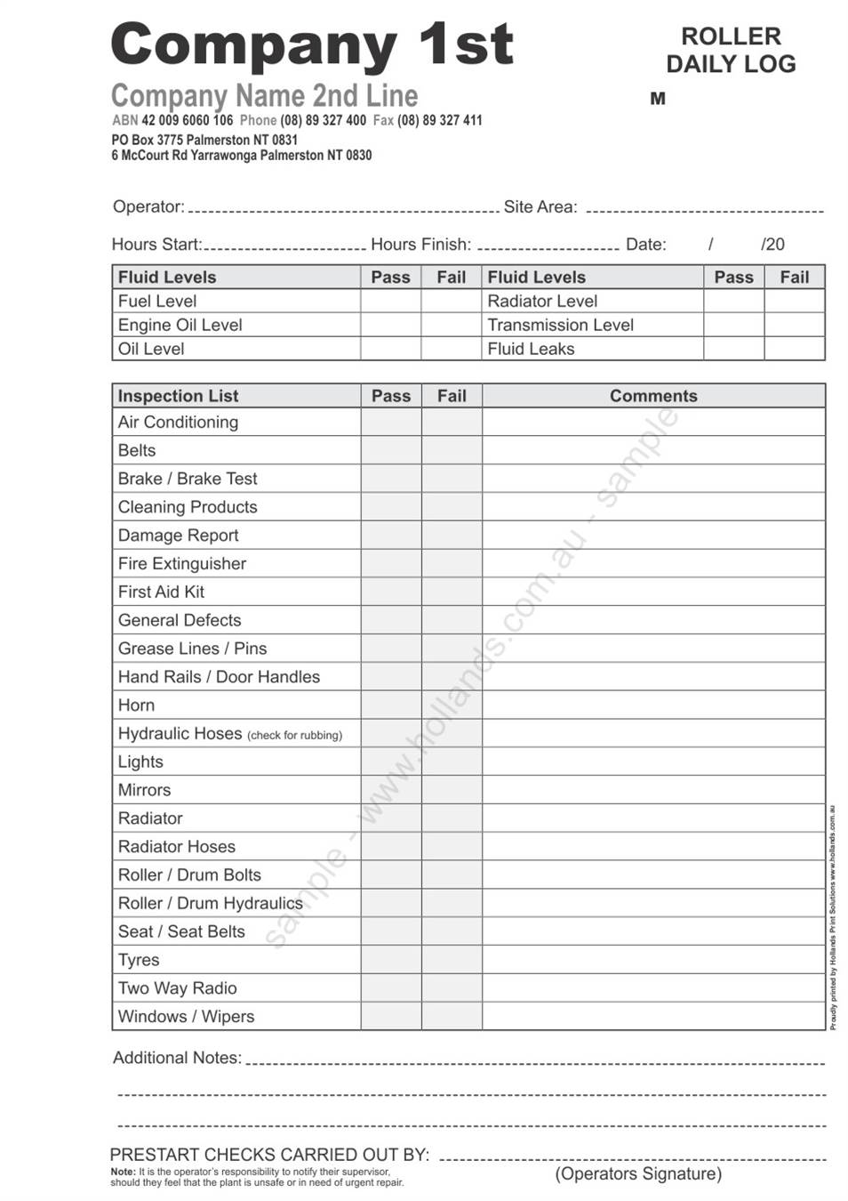 roller pre start checklist: Roller Daily Log Book